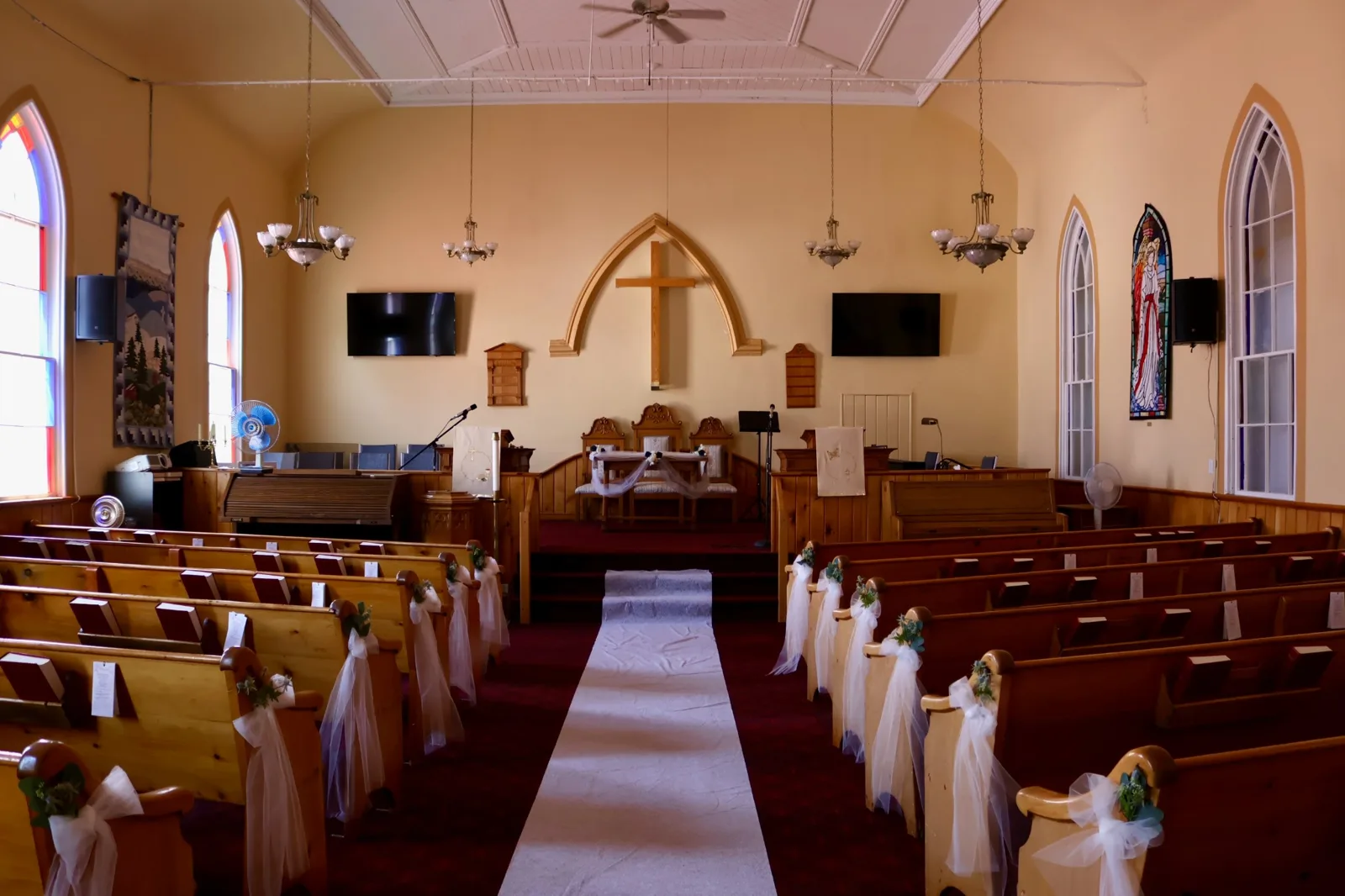 Chapel prepared for a wedding ceremony